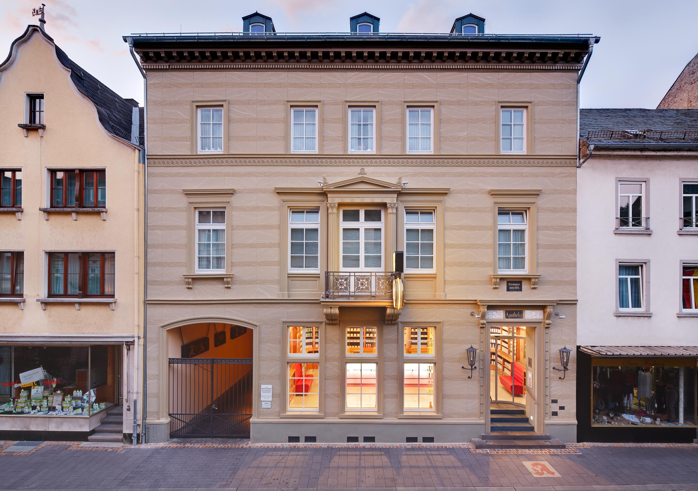 Historic façade of Wuth Official Pharmacy in Diez after heritage restoration