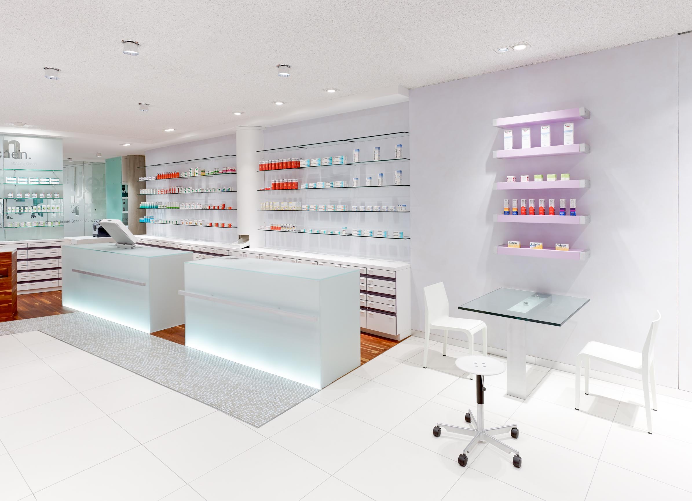 Prescription counters, medicine display and consultation area