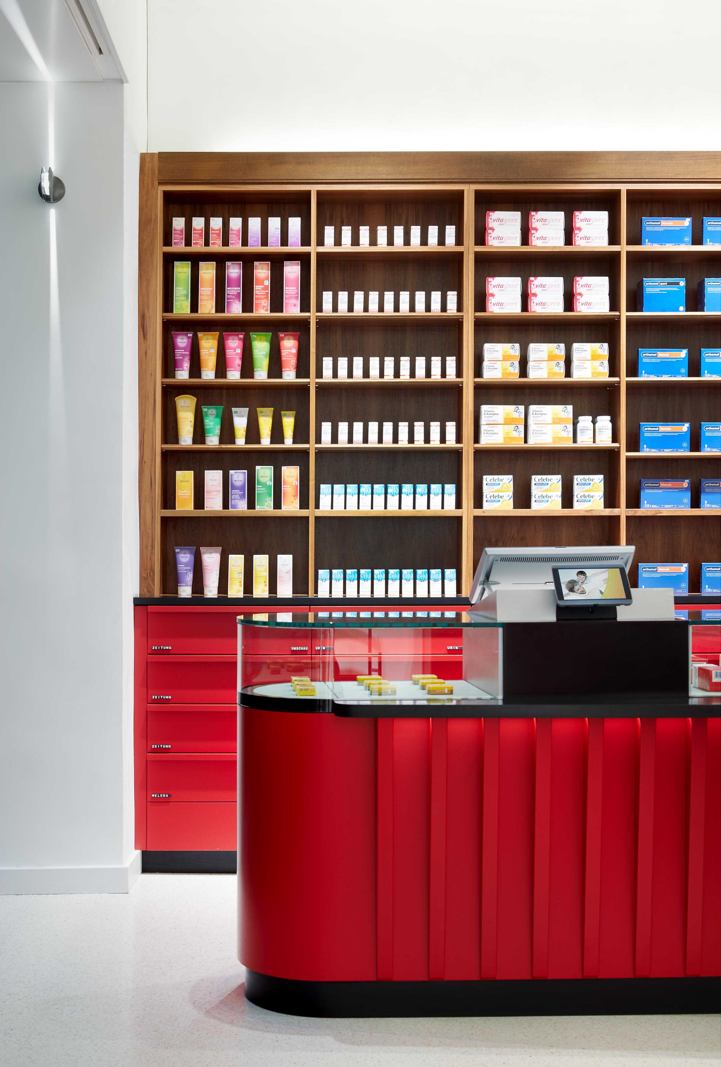 Dispensary of Germania Pharmacy with accent lighting