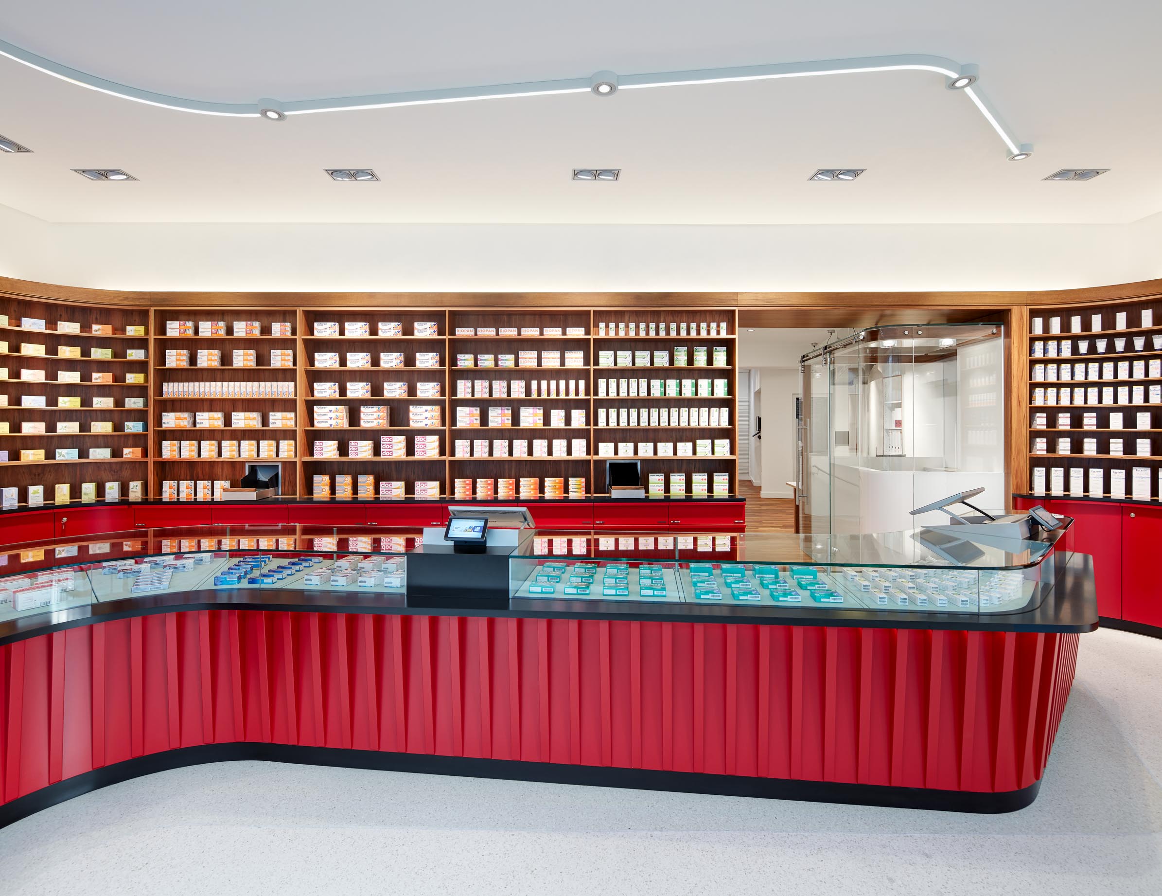 Dispensary with medicine display and prescription counter