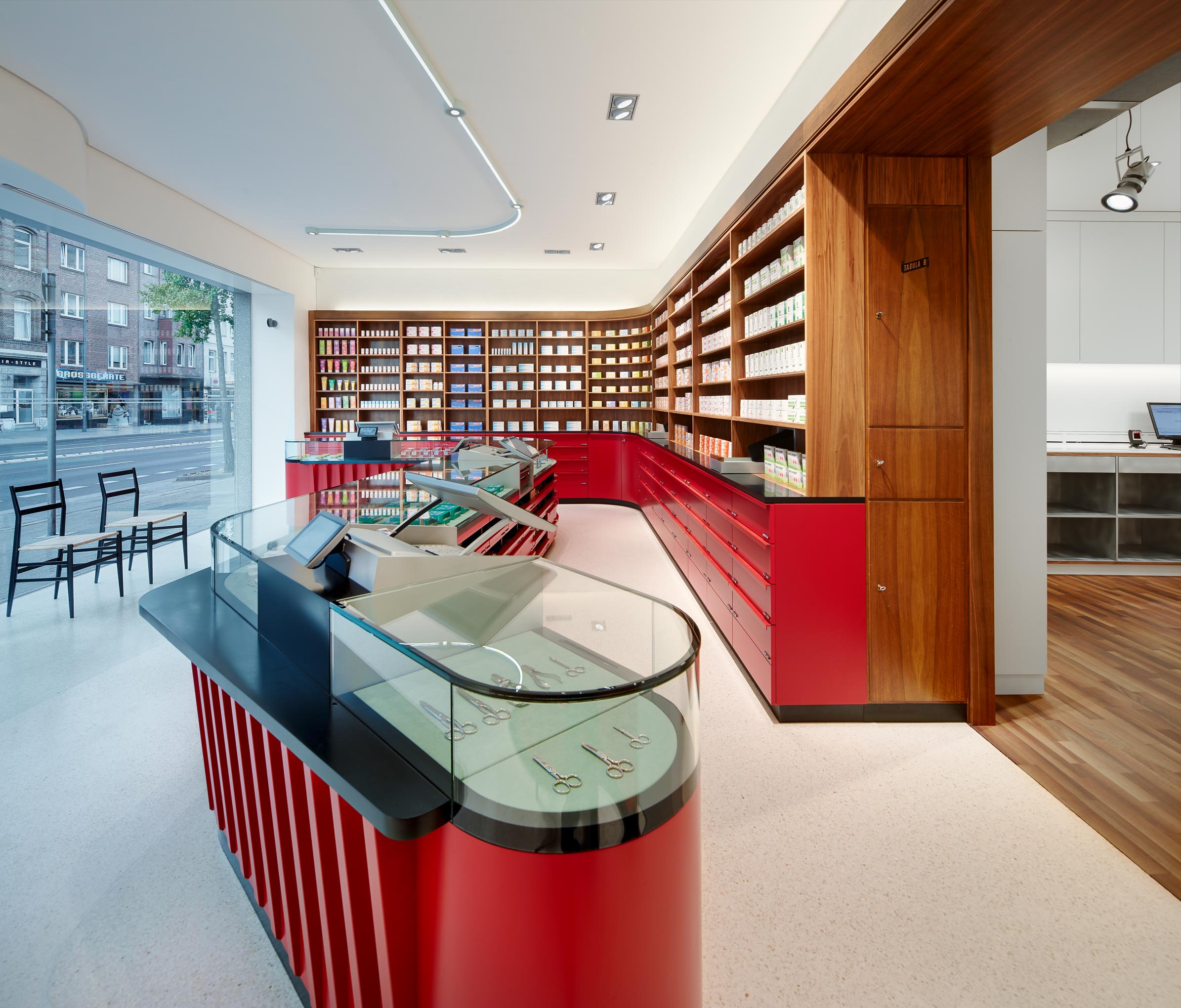 Dispensary and carmine-red prescription counter