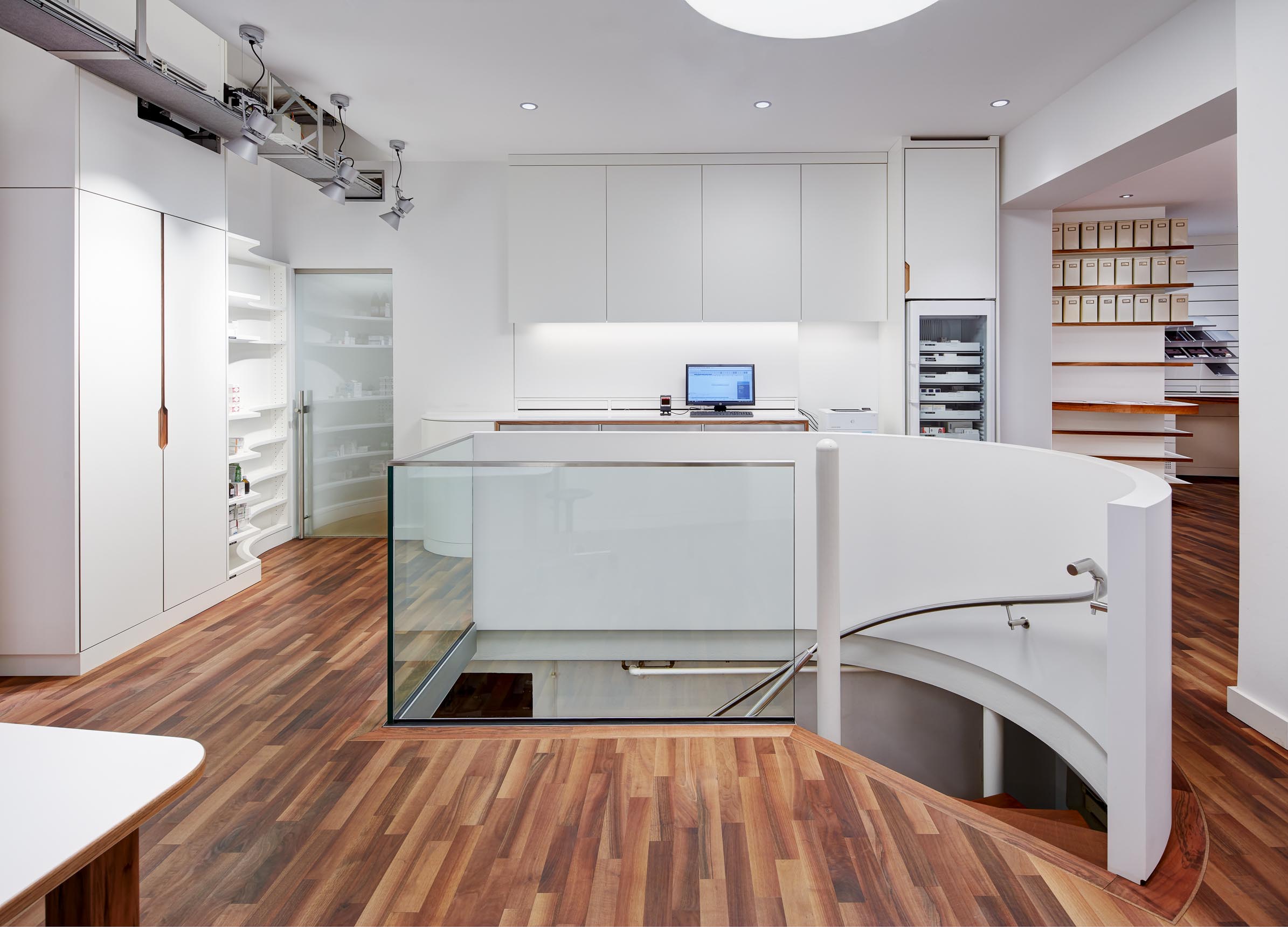 Working area with spiral staircase