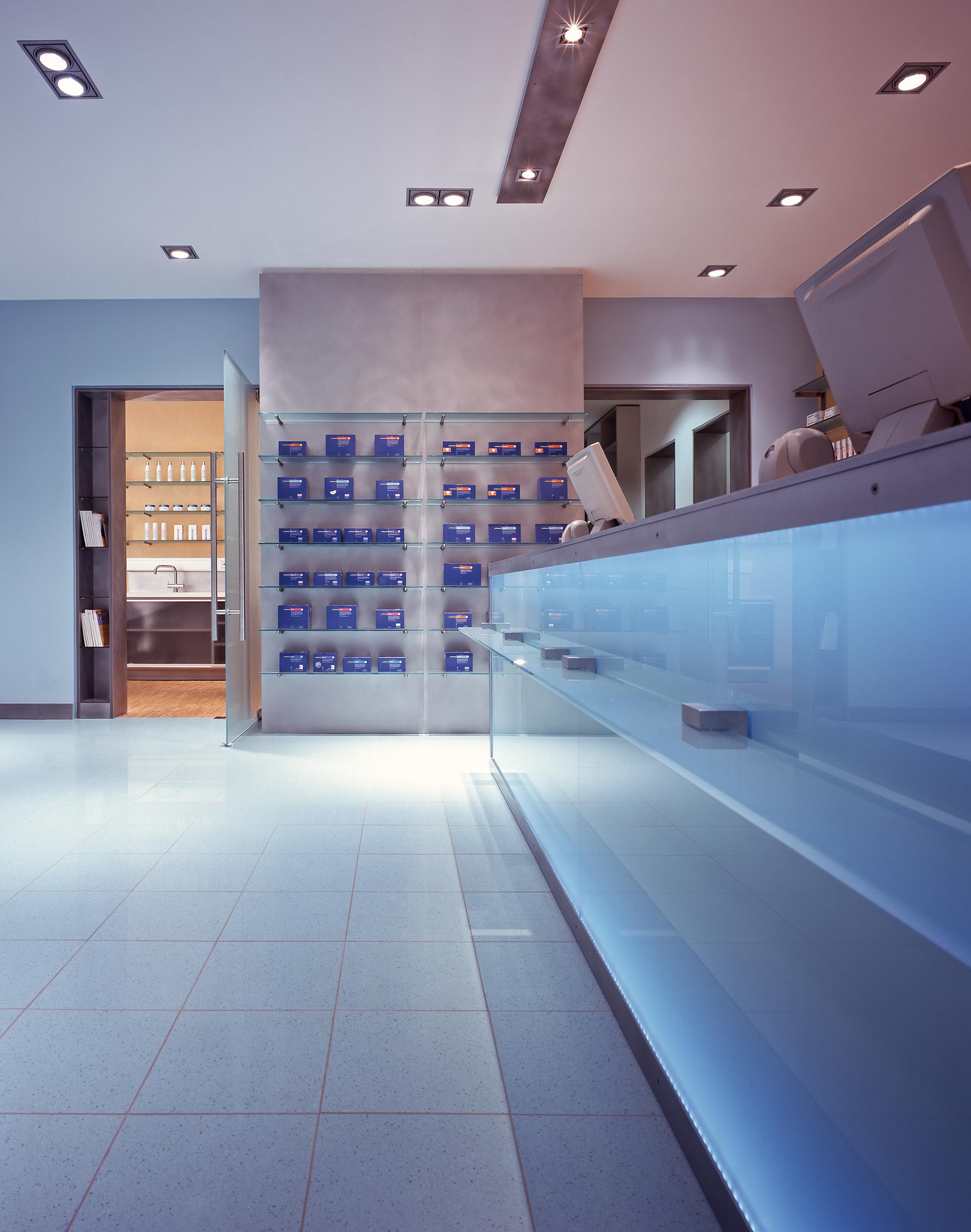 Prescription counter, self-service area and consultation room