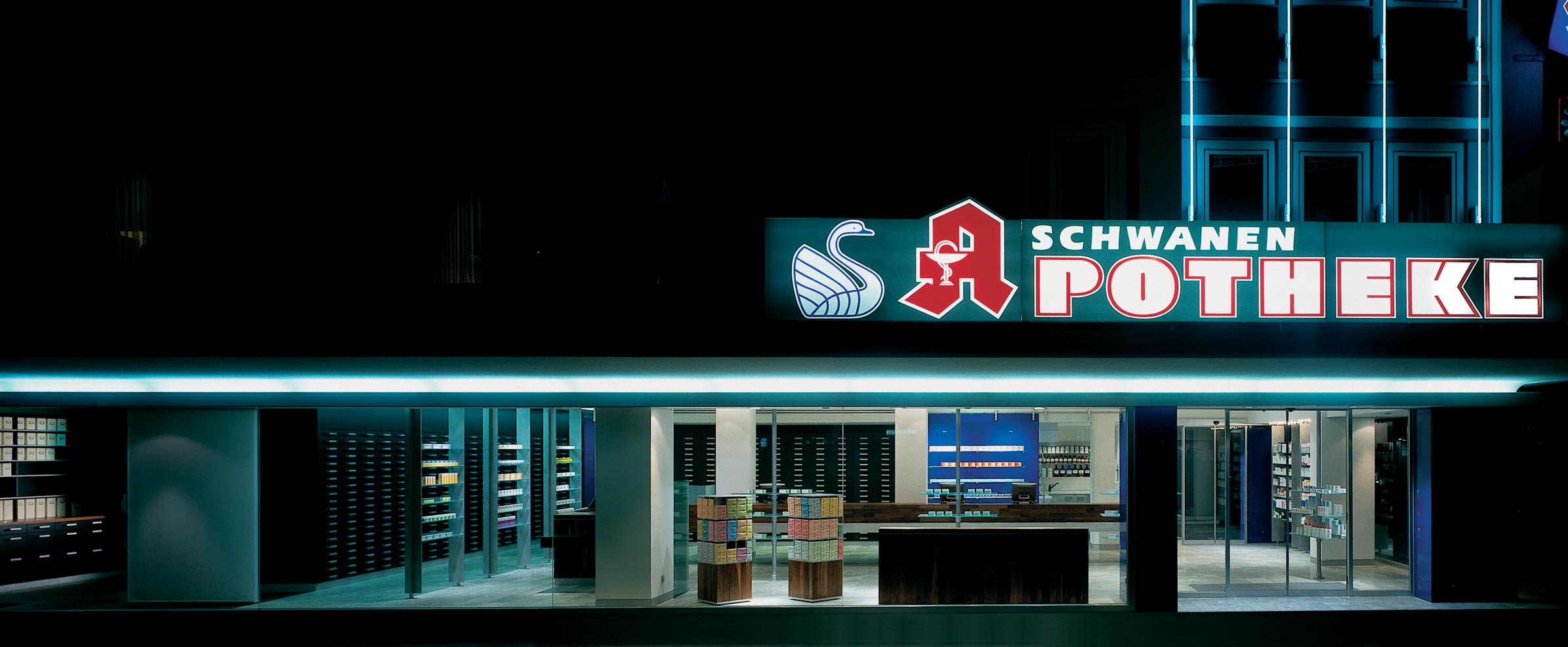 Façade, shop windows and illuminated signage