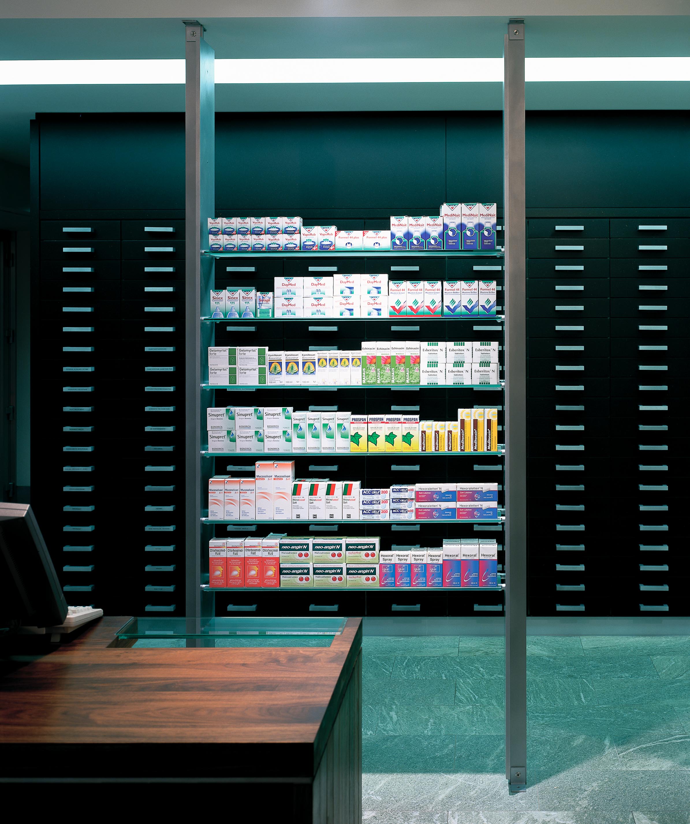 Prescription counter, medicine display and medication drawer columns