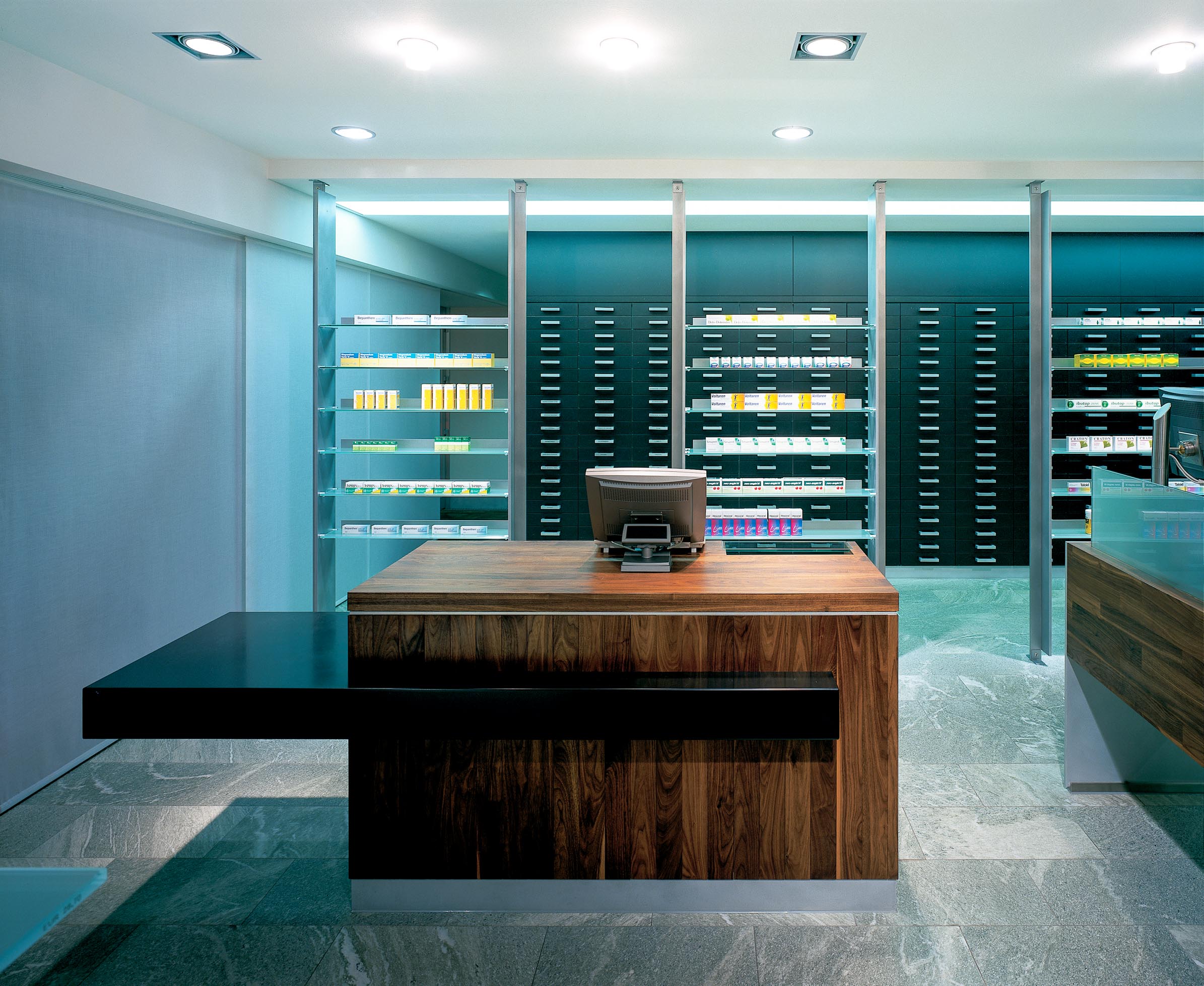 Prescription counter, medicine display and medication drawer columns
