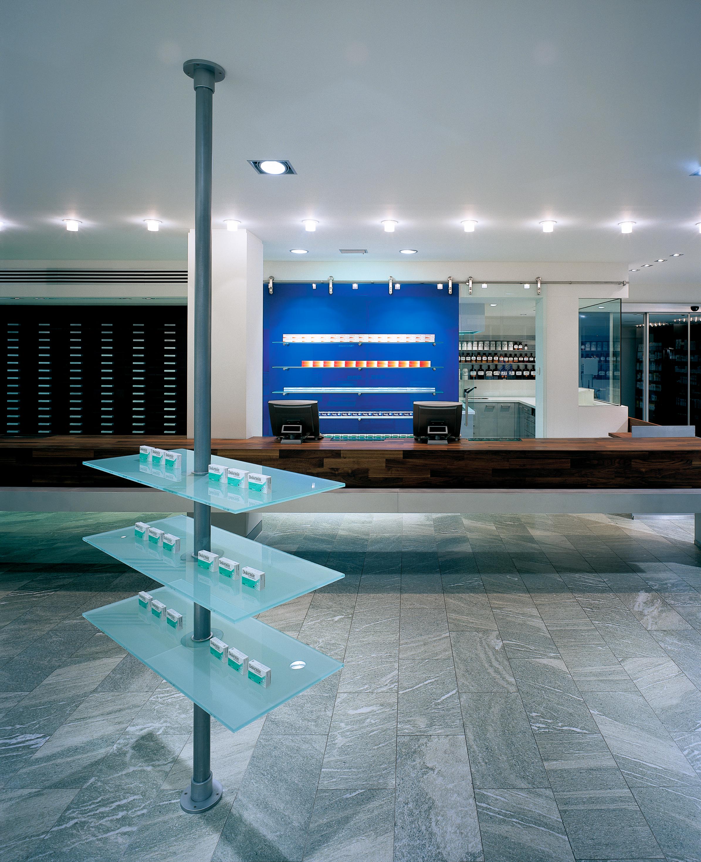 Prescription counter, medicine display and compounding laboratory