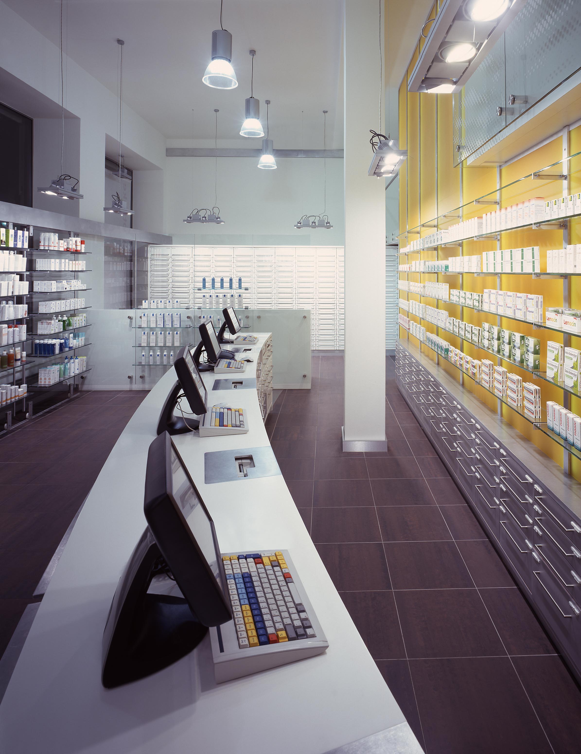 Prescription counter, medicine display and self-service area