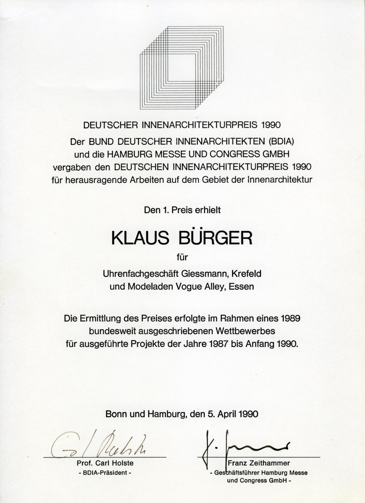 German Interior Architecture Award certificate for the Giessmann watch shop